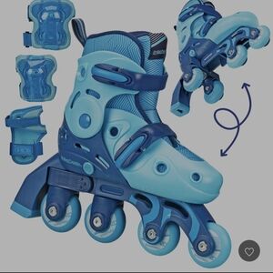 ROLLER DERBY Kids Adjustable Blue Inline Skates with Protective Gear 13 3 USED